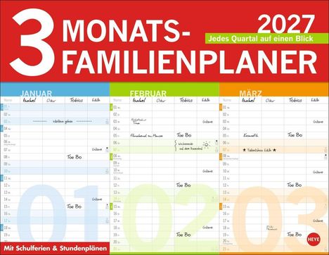 "3 MONATS-FAMILIENPLANER 2027", "Jedes Quartal auf einen Blick", Monate: Januar, Februar, März. Spalten: Namen, Termine.