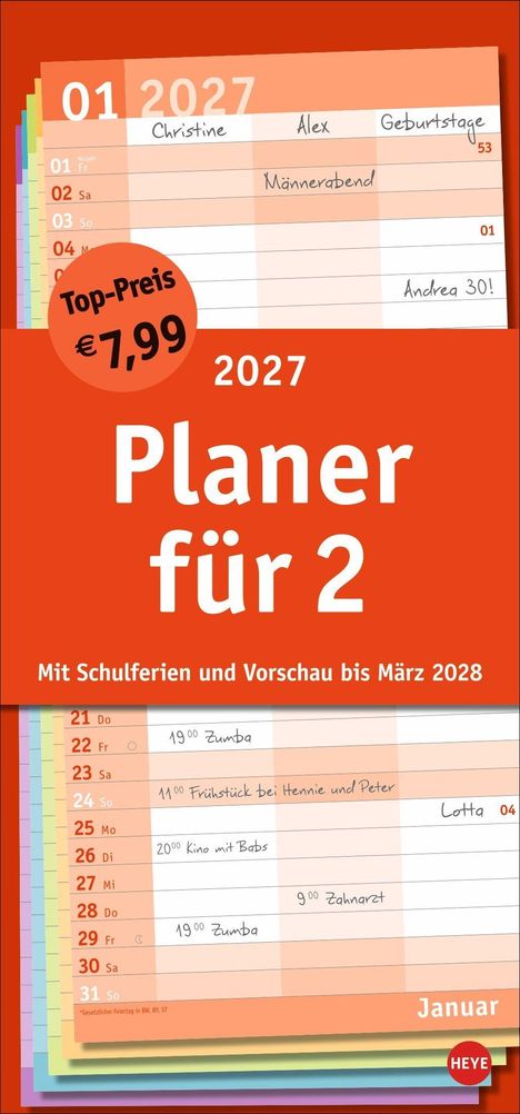 "2027 Planer für 2", Preis €7,99. Monat Januar zeigt Termine wie Zumba, Männerabend. Enthält Schulferieninfos bis März 2028.