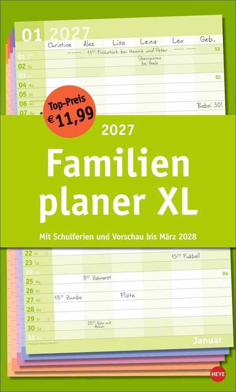 2027 Familienplaner XL, Preis €11,99. Mit Ferien und Vorschau bis März 2028. Monatsübersicht Januar, Namen in Spalten.
