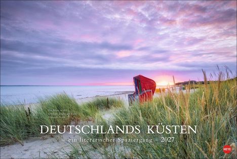 "DEUTSCHLANDS KÜSTEN - ein literarischer Spaziergang - 2027." Wolkenhimmel, Strandkorb, grasbewachsene Dünen im Vordergrund.