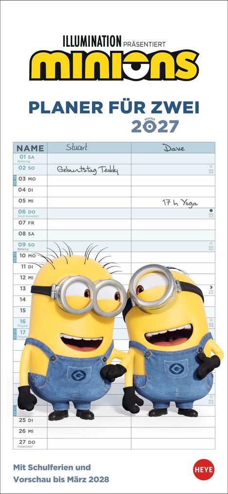 "ILLUMINATION präsentiert Minions. Planer für zwei 2027. Mit Schulferien und Vorschau bis März 2028."  
Illustration mit zwei Minions.