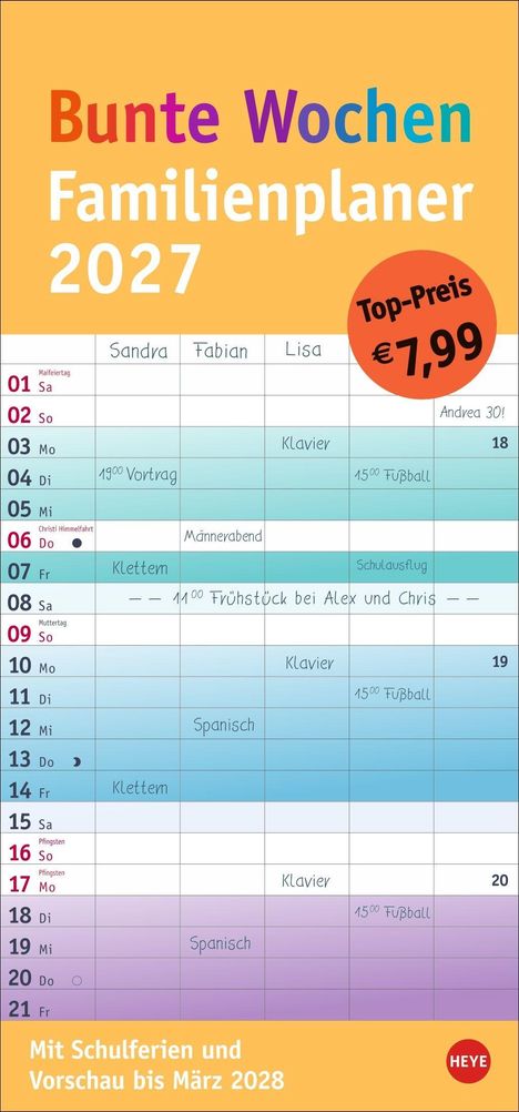 "Bunte Wochen Familienplaner 2027. Top-Preis €7,99. Mit Schulferien und Vorschau bis März 2028." Kalender mit Terminen.
