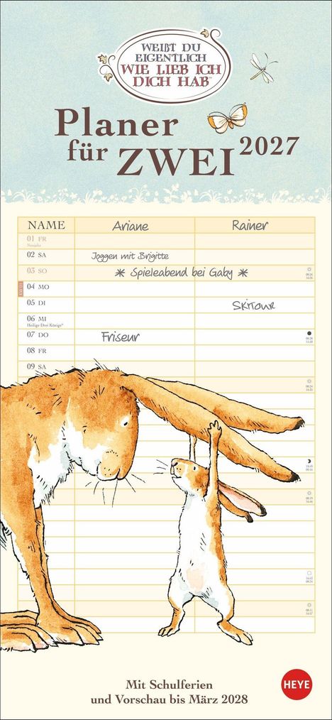 "WEIßT DU EIGENTLICH WIE LIEB ICH DICH HAB", Planer für ZWEI 2027. Illustration von zwei Hasen, Kalender im Hintergrund.