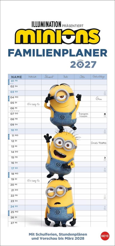 „Illumination präsentiert Minions Familienplaner 2027“. Tabelle mit Namen und Notizen, Minions im Vordergrund.