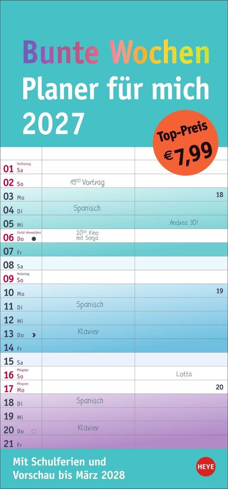 Bunte Wochen Planer für mich 2027. Termine: 19:00 Vortrag, 20:00 Kino mit Sonja, Spanisch, Klavier. Preis: 7,99 €.