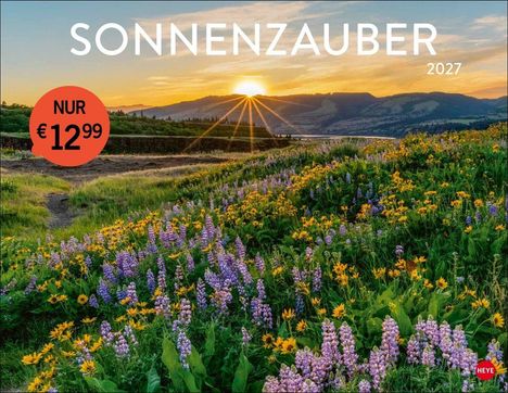 Text: "SONNENZAUBER 2027", "NUR €12,99".  
Eine blühende Wiese vor einem Sonnenuntergang über Hügeln.