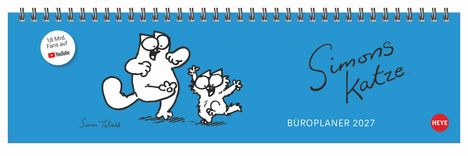 „Simons Katze“, „Büroplaner 2027“, „1,6 Mrd. Fans auf YouTube“. Illustration einer großen und einer kleinen Katze.