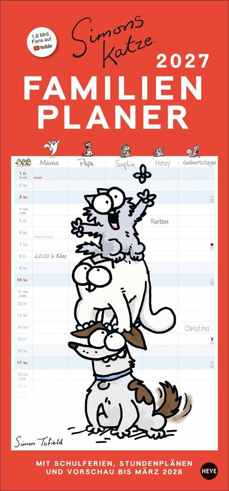 "Simons Katze 2027 Familienplaner" mit Illustrationen von Tieren in komischen Posen; enthält Platz für Notizen.