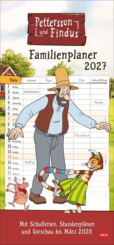"Pettersson und Findus - Familienplaner 2027. Illustration mit einem Mann, einer Katze und einem Huhn vor einem Kalender."