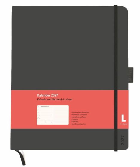 Kalender 2027, Kalender und Notizbuch in einem. Schwarzes Cover mit rotem Streifen, elastisches Band, Format L 21×26 cm.