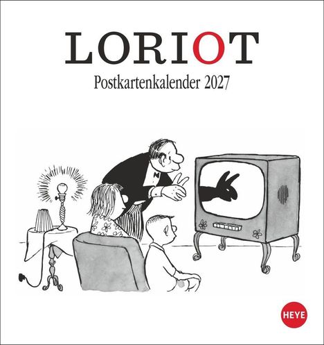 "LORIOT Postkartenkalender 2027". Illustration: Eine Familie schaut fern, ein Mann macht ein Schattenspiel.