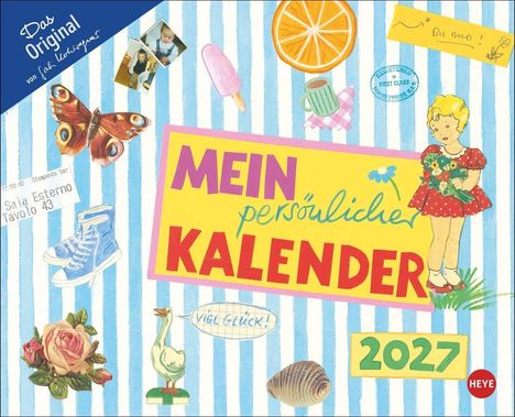 „MEIN persönlicher KALENDER 2027“. Illustration mit Streifen, Kind, Schmetterling, Blume, Gans, Eis am Stiel, Orange.