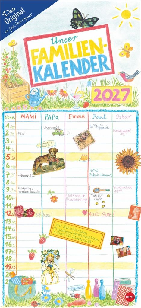 Eine bunte Illustration eines Familienkalenders für 2027 mit tierischen und floralen Verzierungen.