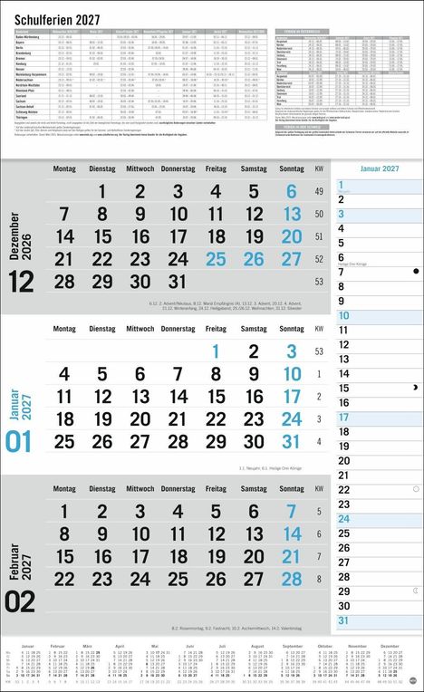 Schulferien 2027 Tabelle, Kalender von Dezember 2026 bis Februar 2027 mit Feiertagen. Feiertage: Neujahr, Heilige Drei Könige.
