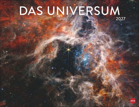 Texte: "DAS UNIVERSUM 2027". Illustration von rot-orangenen und blauen kosmischen Wolken mit Sternen. Heye-Logo unten rechts.