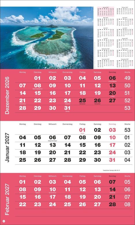 Kalender für Dezember 2026 bis Februar 2027, Feiertage markiert. Oben ein Luftbild einer tropischen Insel im Ozean.