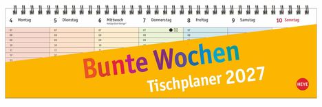 "Bunte Wochen Tischplaner 2027". Kalenderübersicht für eine Woche mit Spiralbindung und gelbem Design.
