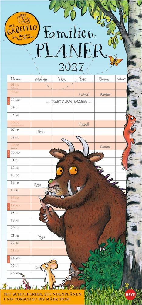 "Familien Planer 2027", Kalender mit Spalten für Familienmitglieder. Illustration von einem großen Monster, Eichhörnchen.
