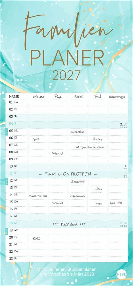 "Familien Planer 2027", ein Kalenderblatt mit Spalten für Familienmitglieder und Aktivitäten auf türkisem Hintergrund.