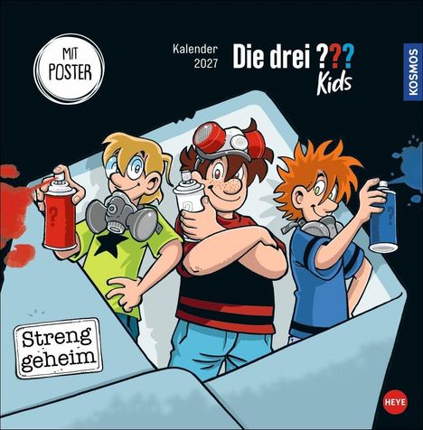 „Kalender 2027 - Die drei ??? Kids - Streng geheim“. Drei Kinder mit Sprühdosen, Gasmasken und fröhlichen Gesichtern.