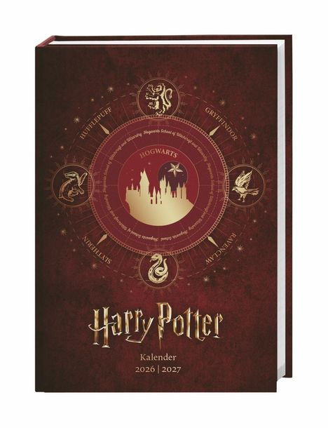 „Harry Potter Kalender 2026 | 2027“, rotes Buchcover mit Hogwarts-Motiven und Symbolen der vier Häuser.