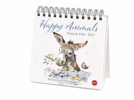 „Happy Animals“, Hannah Dale, 2027. Kalender mit 53 Postkarten. Illustration eines Esels mit Blumen und einem kleinen Vogel.