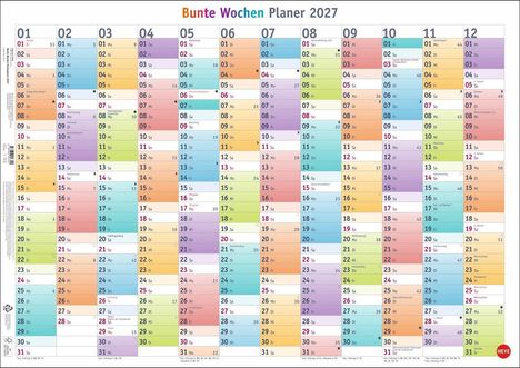 Bunte Wochen Planer 2027. Kalender mit farbigen Spalten für jeden Monat, Wochenenden rot markiert. Feiertage sind angegeben.