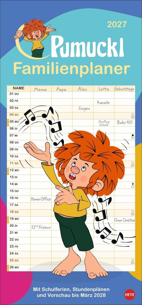 "Familienplaner", "NAME", "Mama", "Papa", "Alex", "Lotta", "Geburtstage". Illustration von Pumuckl mit Noten.