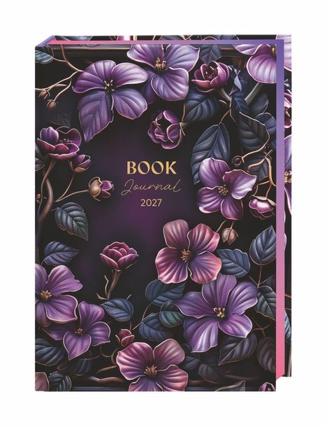 Text: "BOOK Journal 2027". Ein florales Design mit lila und blauen Blüten auf dunklem Hintergrund.