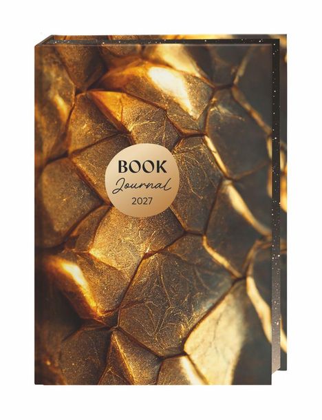 „Book Journal 2027“ in eleganter Schrift auf einem goldfarbenen, strukturierten Hintergrund.