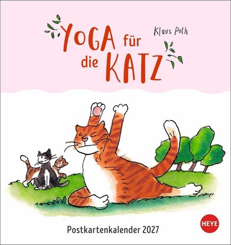Der Text lautet: "Yoga für die Katz", "Klaus Puth", "Postkartenkalender 2027". Eine Illustration mit Katzen beim Yoga.