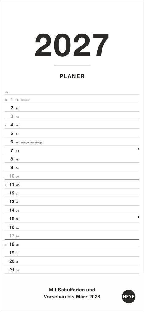 "2027 Planer". Daten vom 1. bis 21. Januar mit Feier- und Feiertagen. Notiz am Ende: "Mit Schulferien und Vorschau bis März 2028".