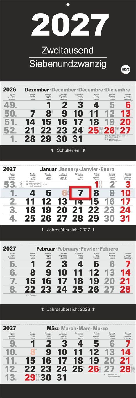 2027, Zweitausend Siebenundzwanzig. Kalenderübersicht für Dezember 2026 bis März 2027. Schulferien und Jahresübersicht.