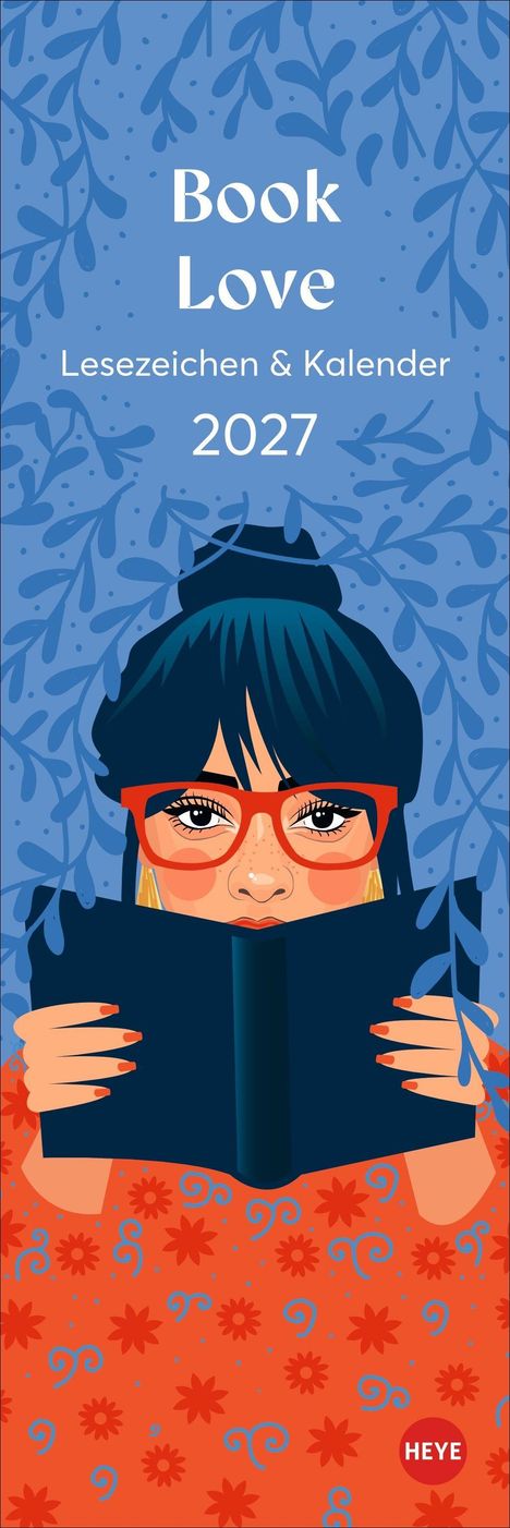 "Book Love. Lesezeichen & Kalender 2027." Illustration: Person liest ein Buch, trägt rote Brille, umgeben von Blättern.