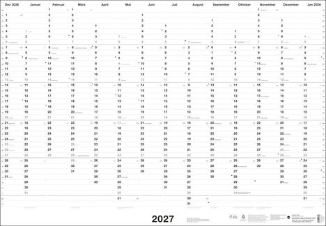 Jahreskalender für 2027. Monate und Tage von Dezember 2026 bis Januar 2028 aufgelistet. Feiertage sind markiert.