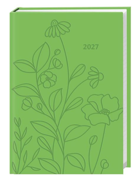 "2027" in der oberen rechten Ecke. Grünes Cover mit geprägten Blumen und Blättern.