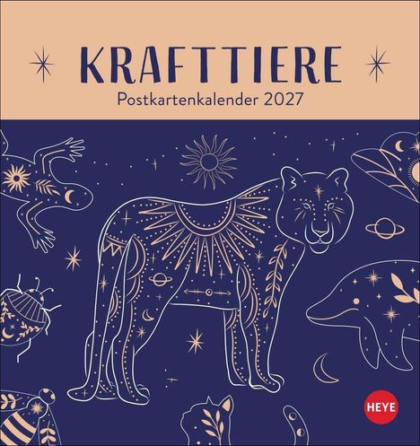 "Krafttiere Postkartenkalender 2027". Illustration eines dekorativen Tieres mit Sternen und symbolischen Mustern.