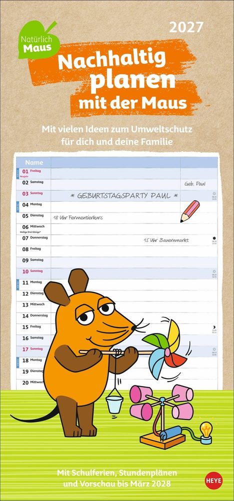 2027, Nachhaltig planen mit der Maus. Ideen zum Umweltschutz. Illustration mit der Maus, Kalenderlayout.