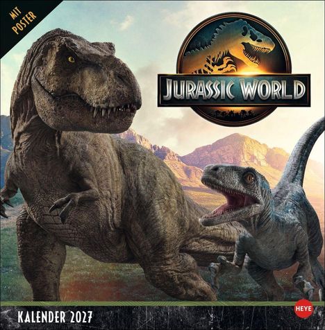 "MIT POSTER", "JURASSIC WORLD", "KALENDER 2027". Zwei Dinosaurier vor Bergen, ein T-Rex und ein Velociraptor.