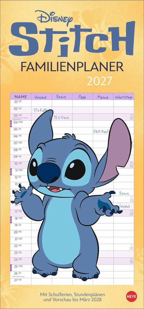 "Disney Stitch Familienplaner 2027. Mit Schulferien, Stundenplänen und Vorschau bis März 2028. Illustration von Stitch."