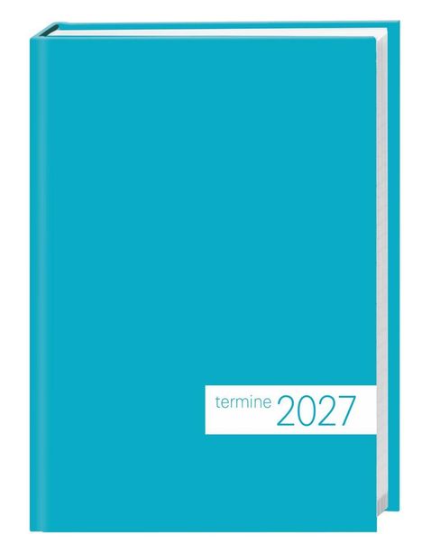 Text: "termine 2027". Abbildung eines türkisfarbenen Buchs mit schlichtem Design.
