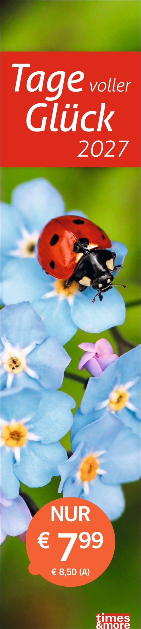 "Tage voller Glück 2027. NUR € 7,99 (€ 8,50 A)." Ein Marienkäfer auf blauen Blüten mit grünem Hintergrund.