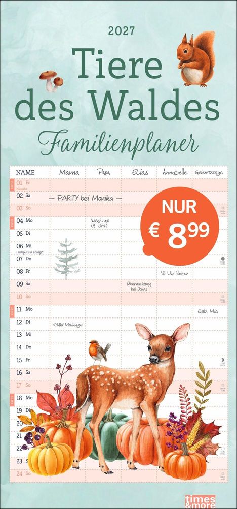 2027 Tiere des Waldes Familienplaner. Kalender mit Preis: Nur €8.99. Illustration von Waldbewohnern wie Eichhörnchen und Reh.