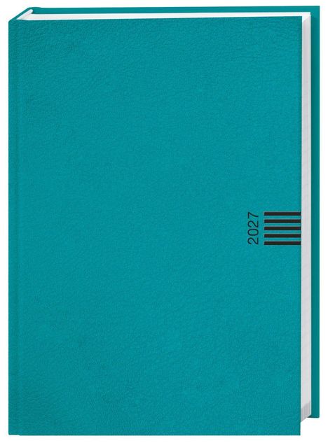 2027, blaues Hardcover-Notizbuch mit vertikalem schwarzen Balken rechts.