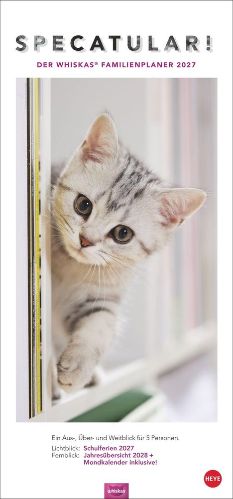 "SPECATULAR! DER WHISKAS® FAMILIENPLANER 2027. Katze schaut neugierig aus einem Regal. Logo von Whiskas unten."