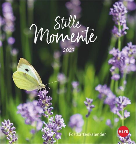 "Stille Momente 2027", Postkartenkalender. Ein Schmetterling sitzt auf Lavendel vor unscharfem grünem Hintergrund.
