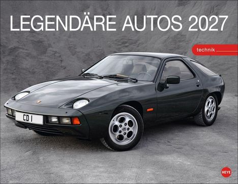 "LEGENDÄRE AUTOS 2027" oben, "technik" in rotem Rechteck. Auto: dunkler Sportwagen, elegantes Design.