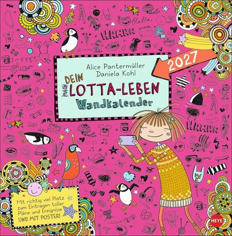 Illustration mit Text: "Alice Pantermüller Daniela Kohl. Dein Lotta-Leben Wandkalender 2027". Bunte, verspielte Motive.