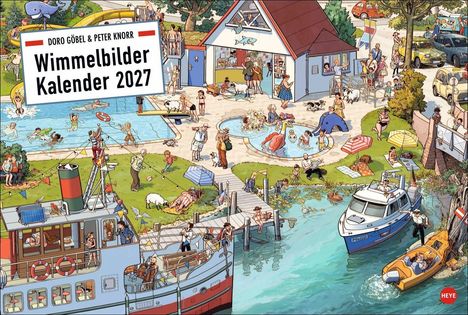 „Wimmelbilder Kalender 2027“ auf einem lebhaften Sommermotiv mit einem Pool, vielen Menschen und Booten am Wasser.