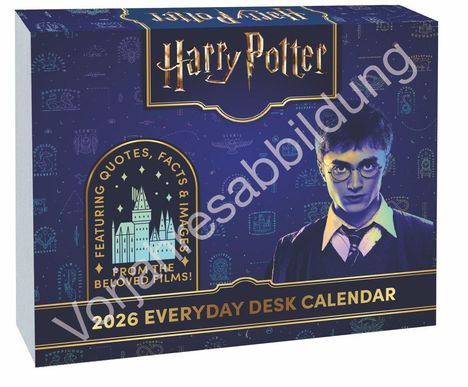 "Harry Potter, 2026 Everyday Desk Calendar, Featuring Quotes, Facts & Images." Illustration eines Jungen in Schuluniform.
